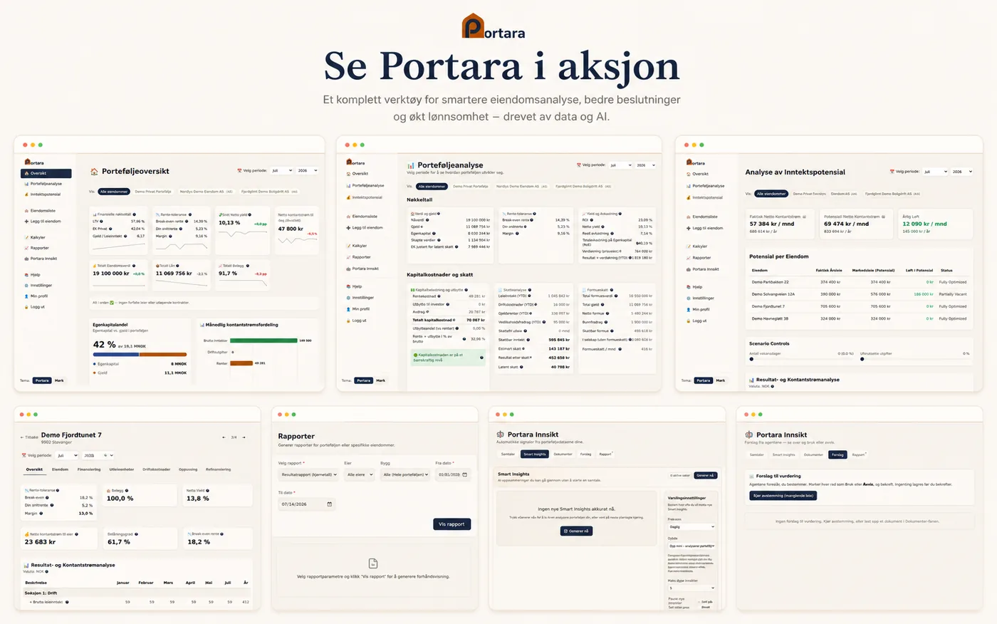 Se Portara i aksjon: skjermbilder av porteføljeoversikt, porteføljeanalyse, inntektspotensial, eiendomsvisning, rapporter og Portara Innsikt